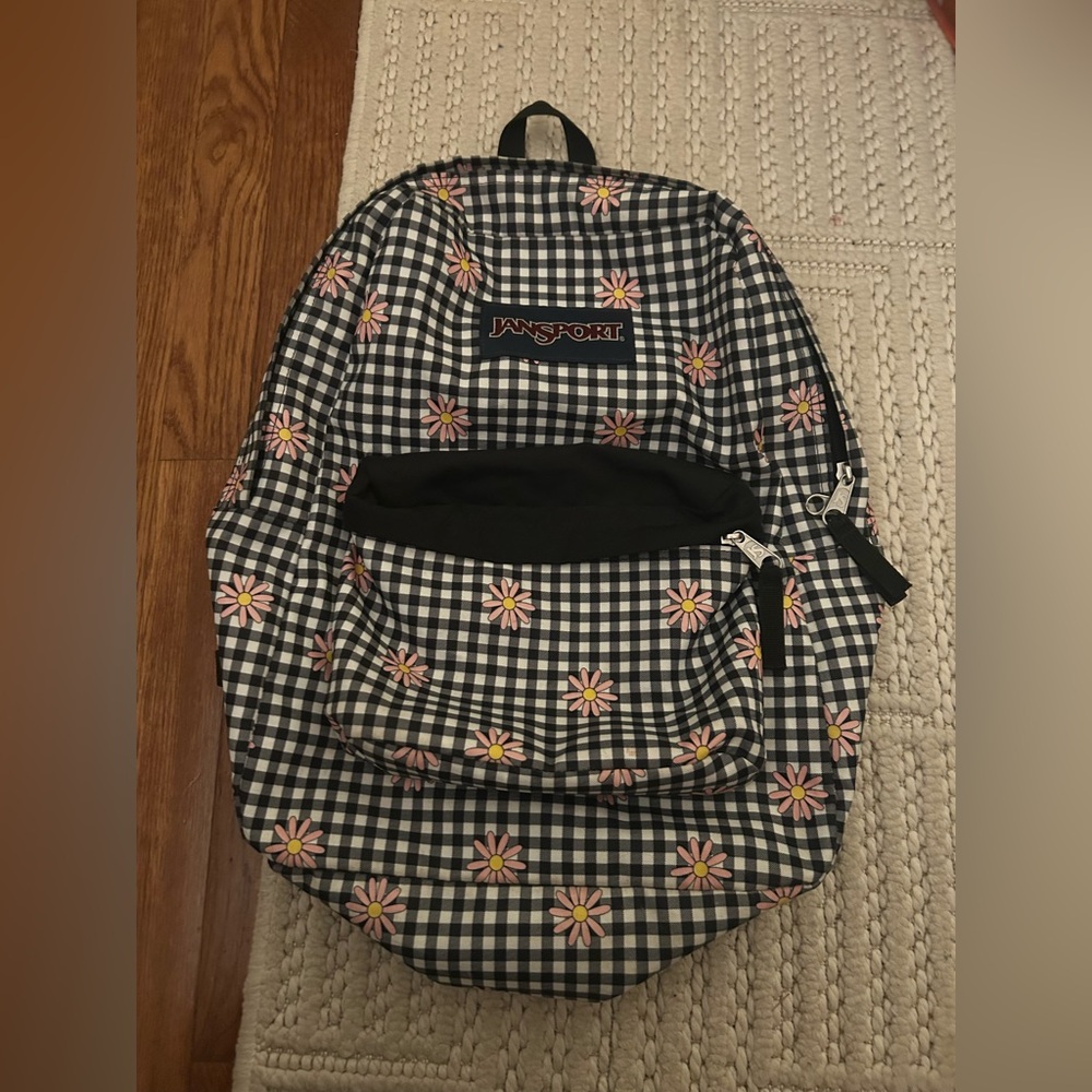 Jansport Women’s Black & White Y2K Inspired Checkered Background W/ Pink Flowers